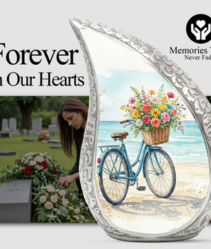 Coastal Bicycle Personalized Cremation Urn – Teardrop Style Aluminum Memorial Urn, 10 Inch