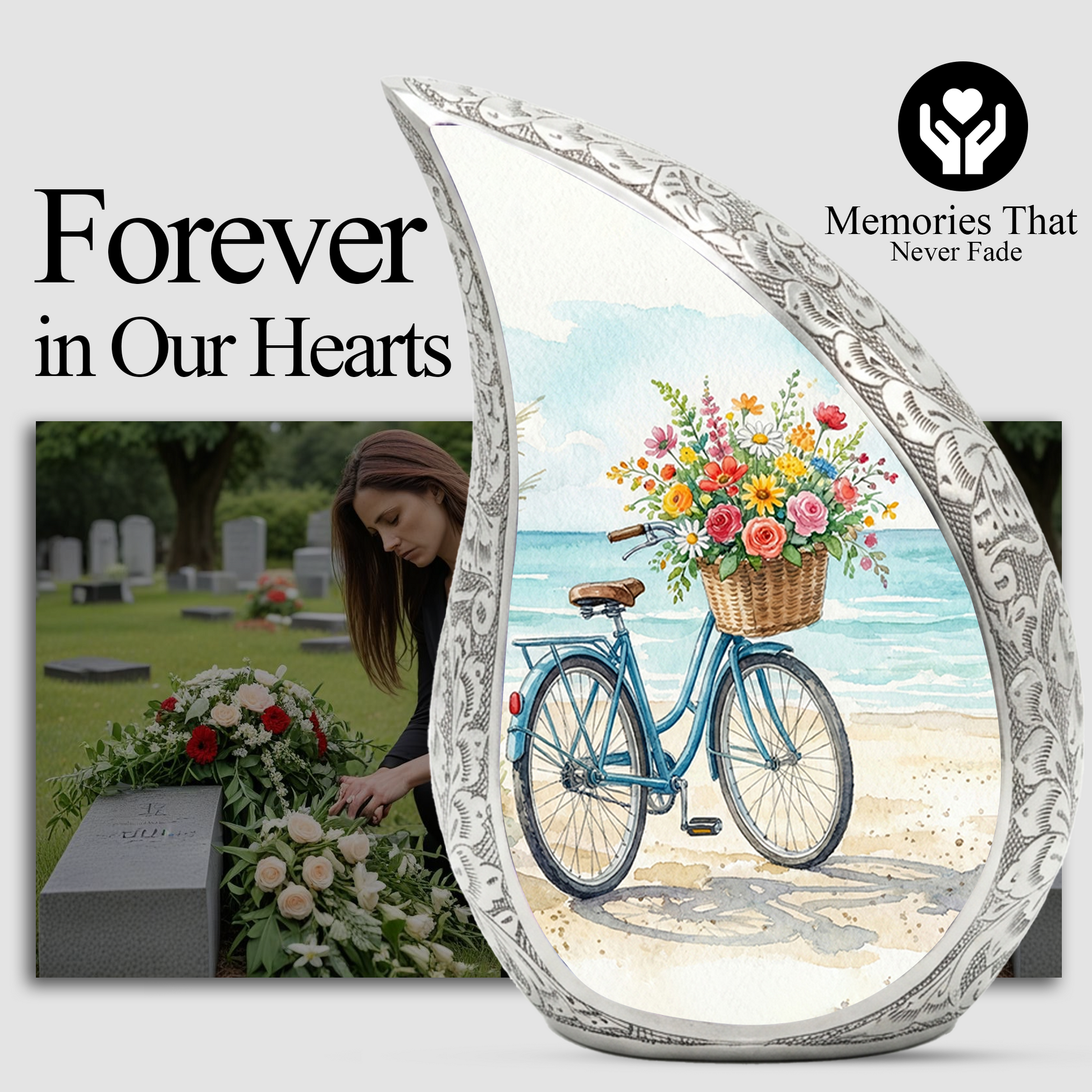 Coastal Bicycle Personalized Cremation Urn – Teardrop Style Aluminum Memorial Urn, 10 Inch