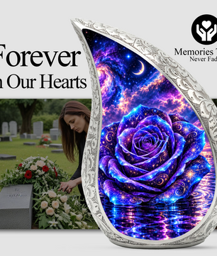 Galaxy Rose Cremation Urn for Mom - Purple Cosmic Rose Memorial Keepsake Urn