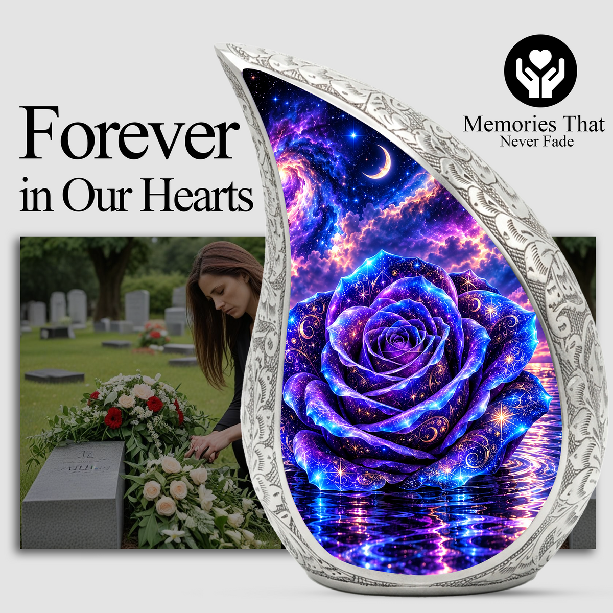 Galaxy Rose Cremation Urn for Mom - Purple Cosmic Rose Memorial Keepsake Urn