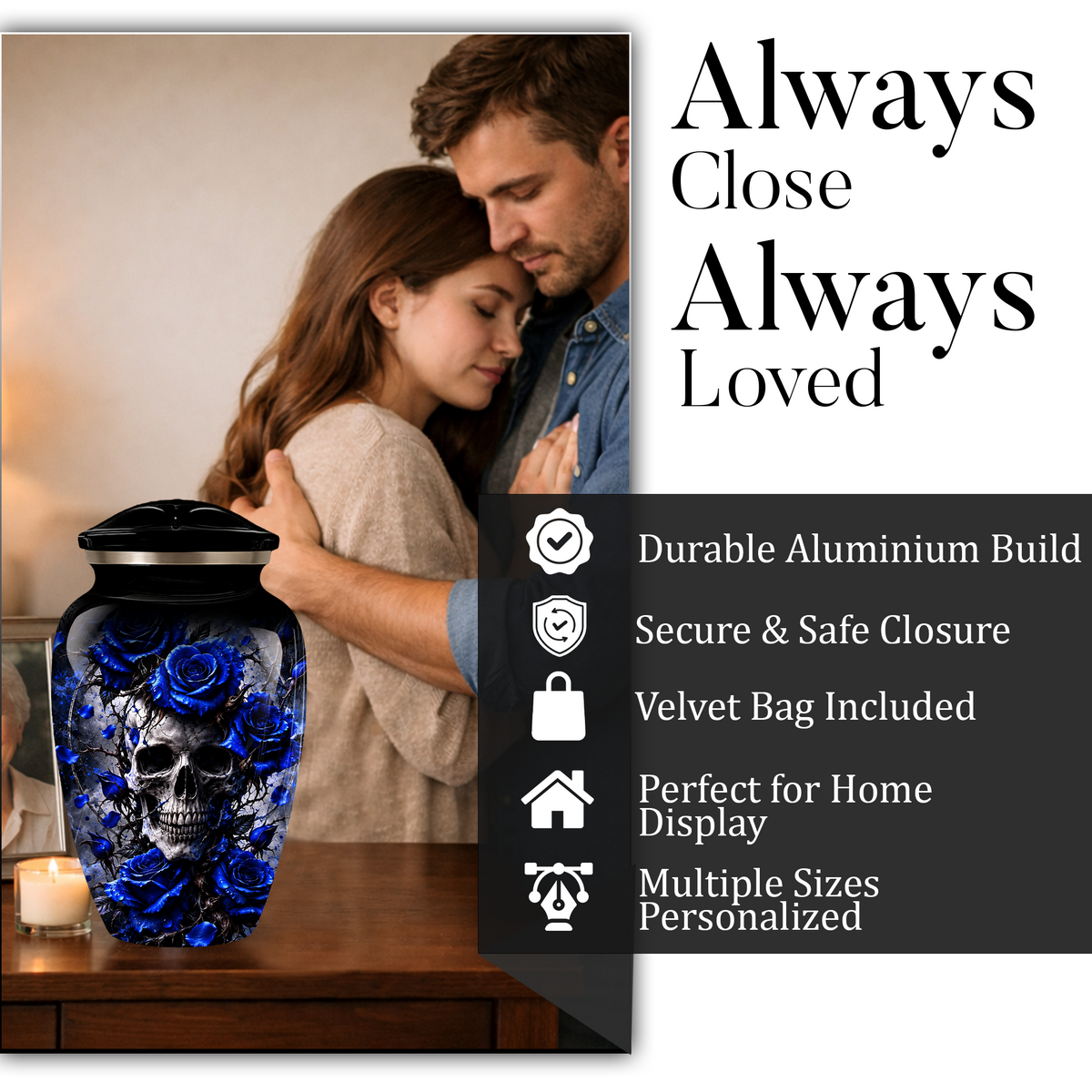 Blue Rose Skull Adult Urn for Ashes – Memorial Cremation Urn for Adults,