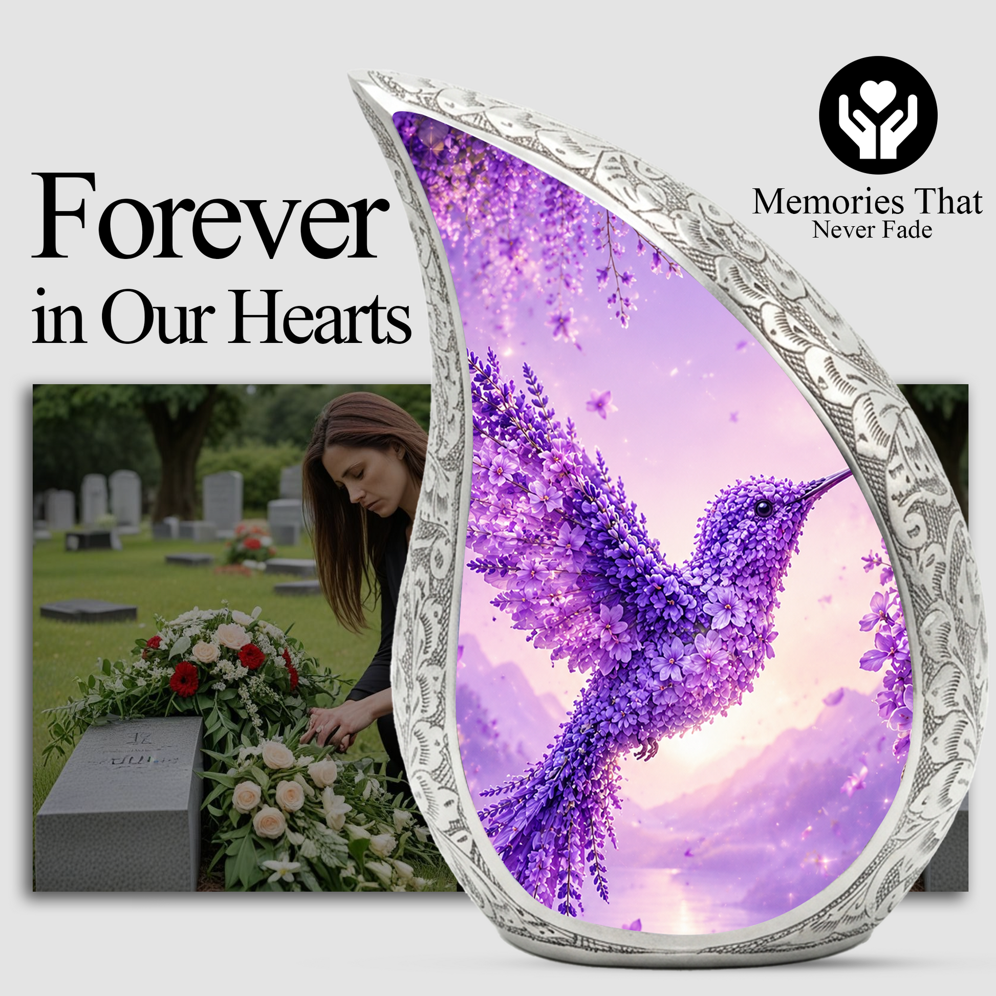 Hummingbird Urn for Human Ashes | Purple Floral Adult Cremation Urn | Beautiful Hummingbird Memorial Urn for Adult Ashes