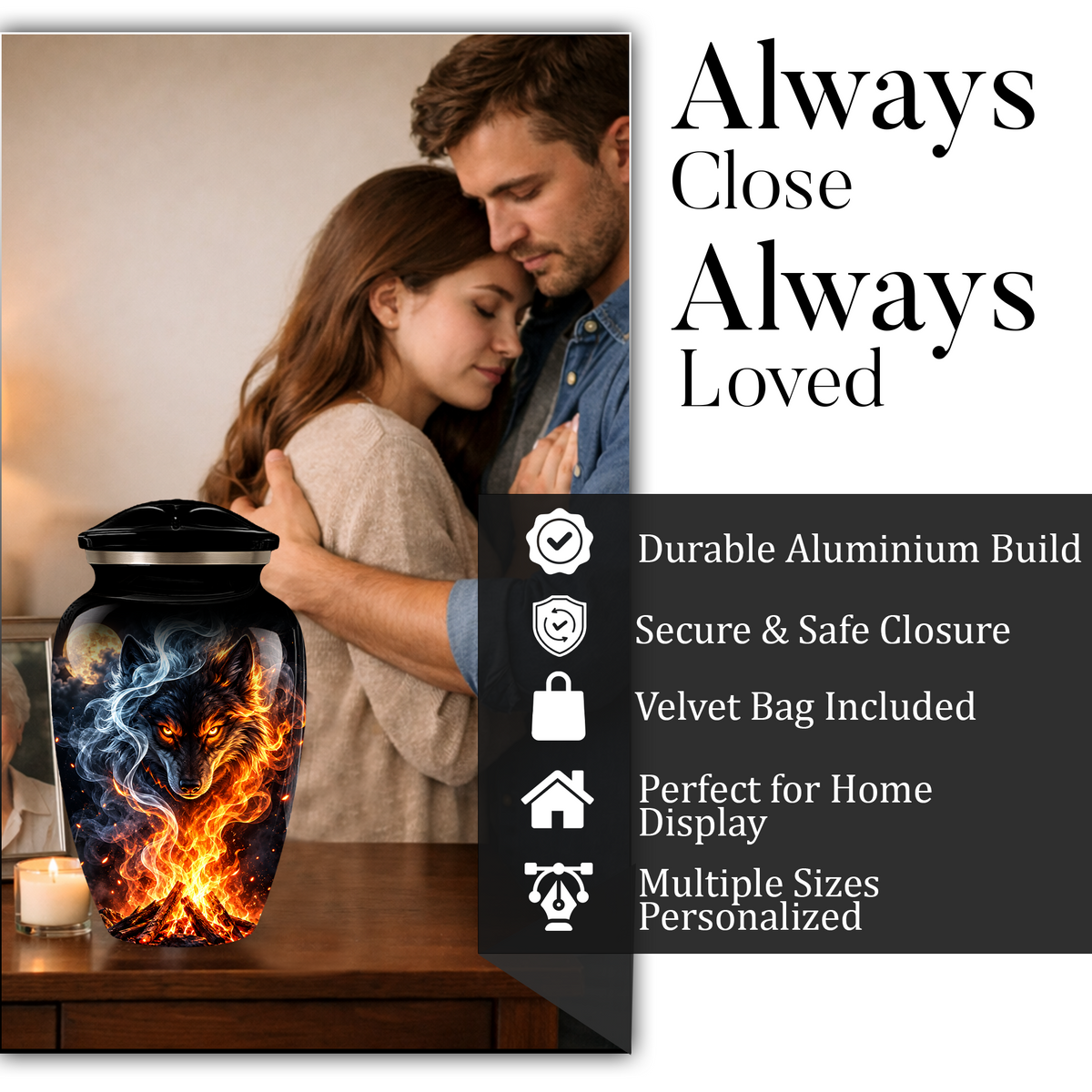 Personalized Adult Cremation Urn for Ashes, Fiery Wolf Memorial Urn, Black Wolf Cremation Urn