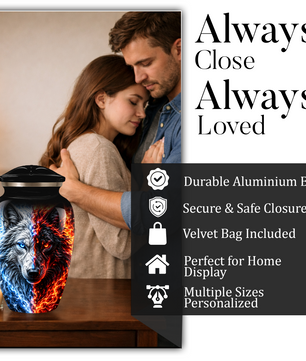 Personalized Adult Cremation Urn for Ashes, Custom Wolf Memorial Urn, Blue and Fire Red Dual Wolf Artwork