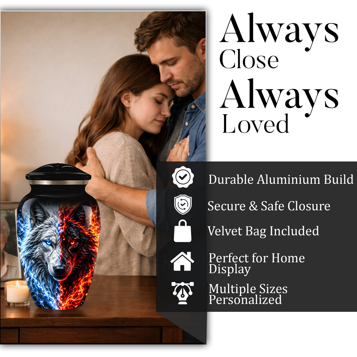 Personalized Adult Cremation Urn for Ashes, Custom Wolf Memorial Urn, Blue and Fire Red Dual Wolf Artwork