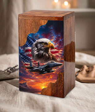 Military Eagle Wooden Cremation Urn for Human Ashes| American Flag Patriotic Funeral Urn