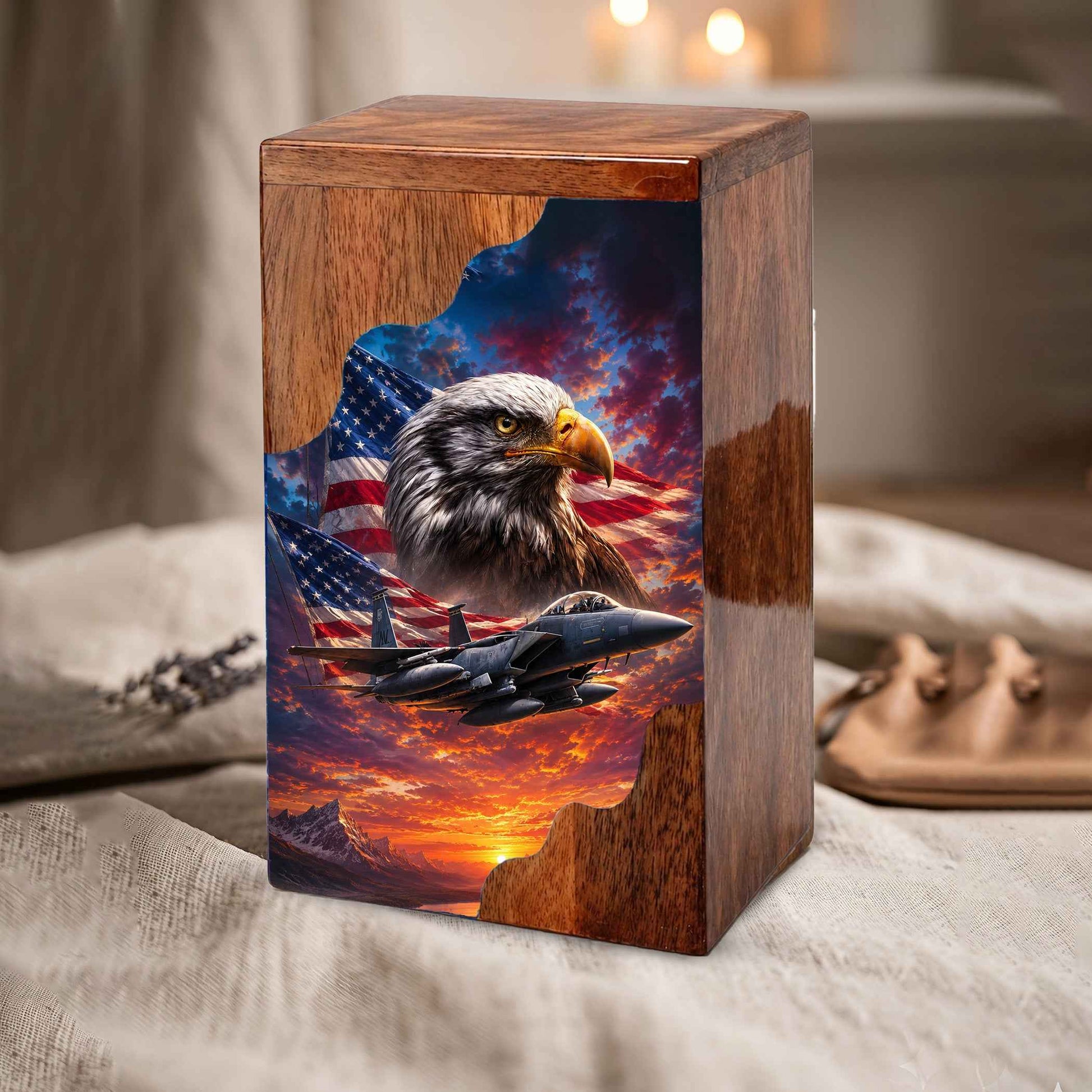 Military Eagle Wooden Cremation Urn for Human Ashes| American Flag Patriotic Funeral Urn