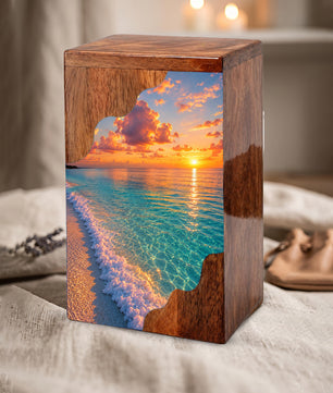 Sunset Beach Wooden Cremation Urn – Personalized Memorial Urn for Human Ashes |