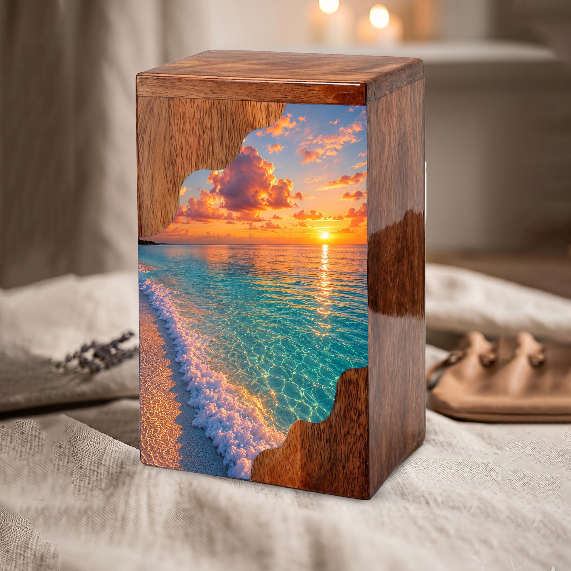 Sunset Beach Wooden Cremation Urn – Personalized Memorial Urn for Human Ashes |