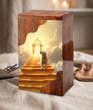 Dog Wooden Cremation Urn – Custom Pet Memorial Urn with Heavenly Dog
