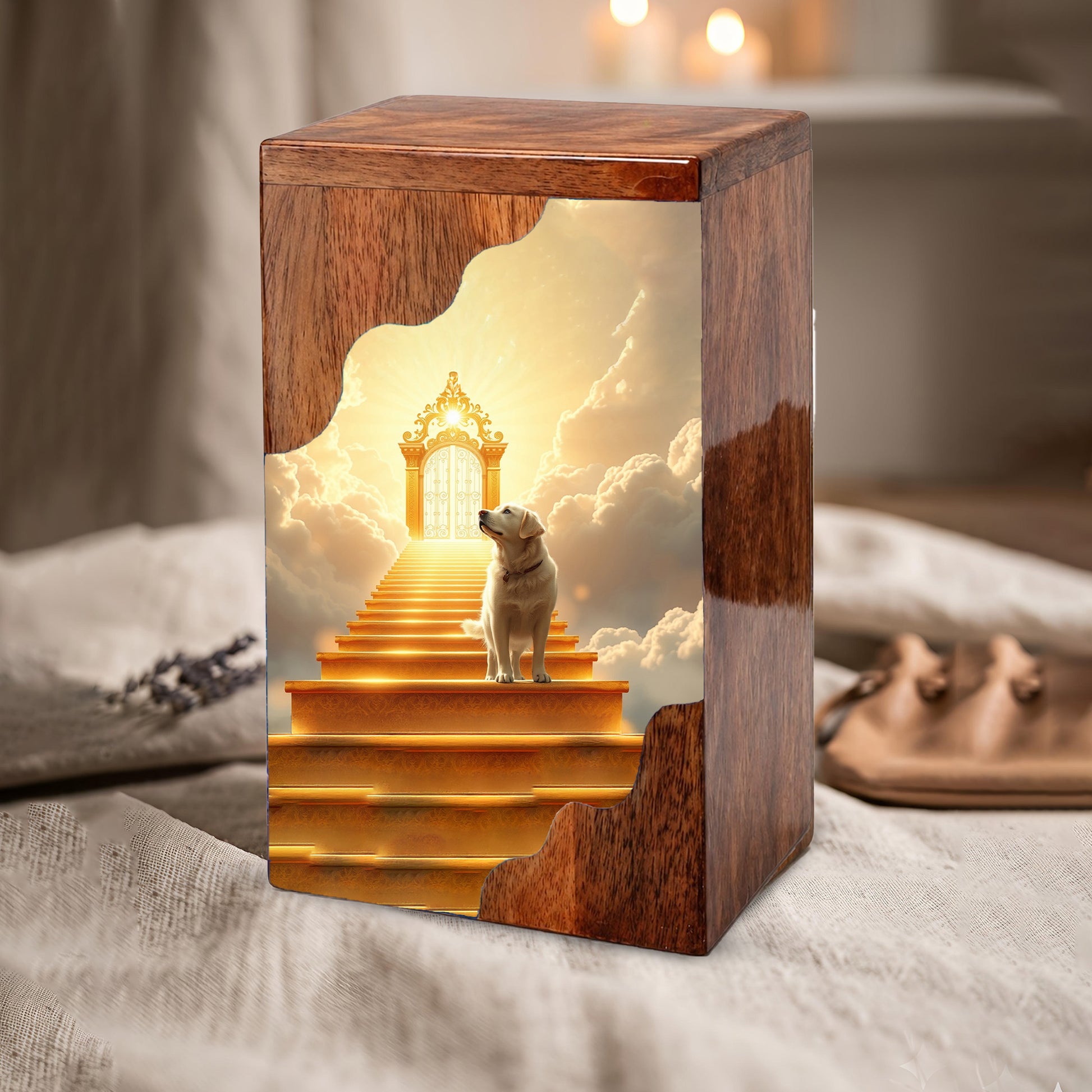 Dog Wooden Cremation Urn – Custom Pet Memorial Urn with Heavenly Dog
