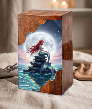 Wooden Cremation Urn – Moonlit Mermaid Memorial Urn | Custom Memorial Urn for Mom, Women & Loved Ones