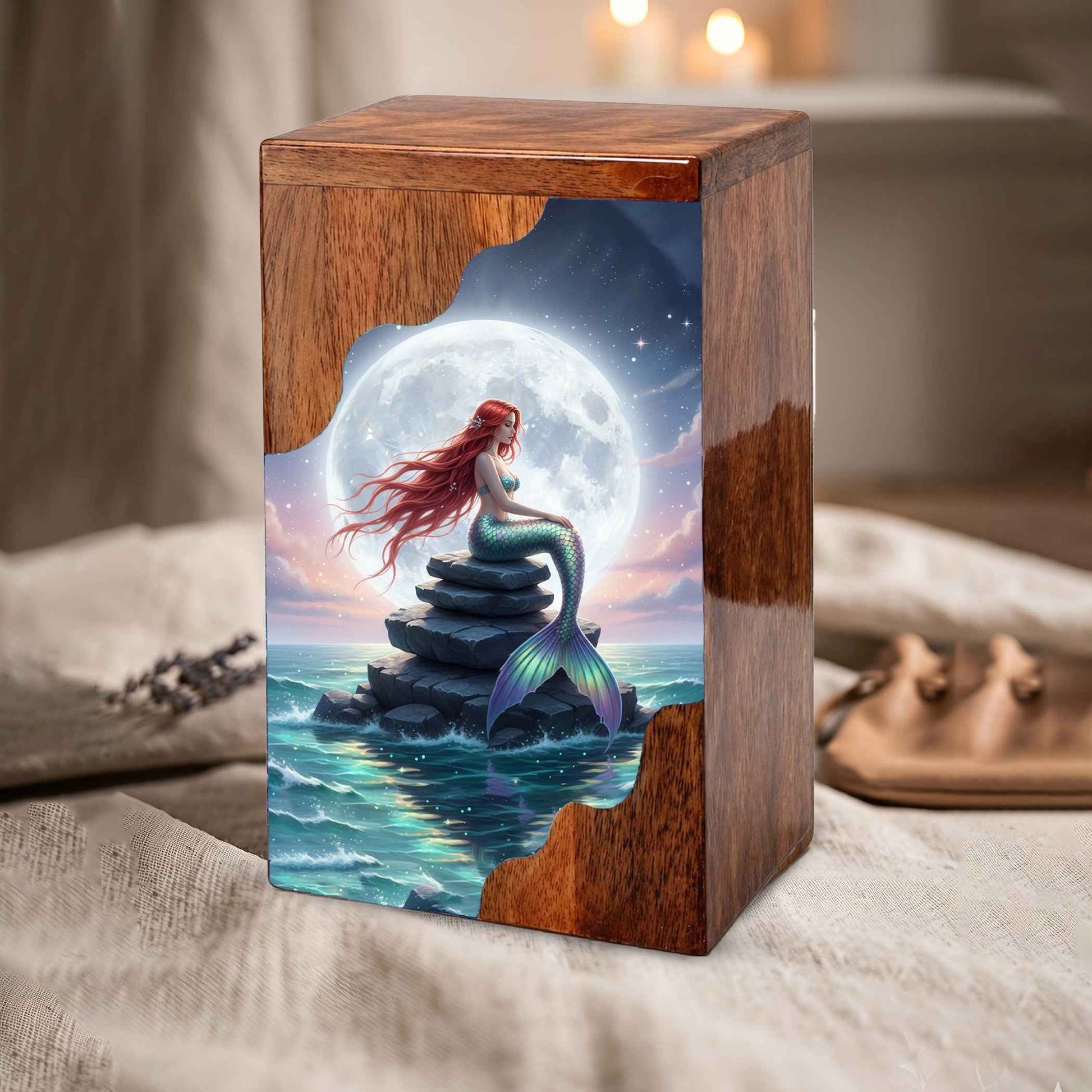 Wooden Cremation Urn – Moonlit Mermaid Memorial Urn | Custom Memorial Urn for Mom, Women & Loved Ones