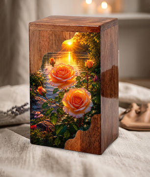 Rose Wooden Cremation Urn – Sunset Floral Memorial Urn for Human Ashes