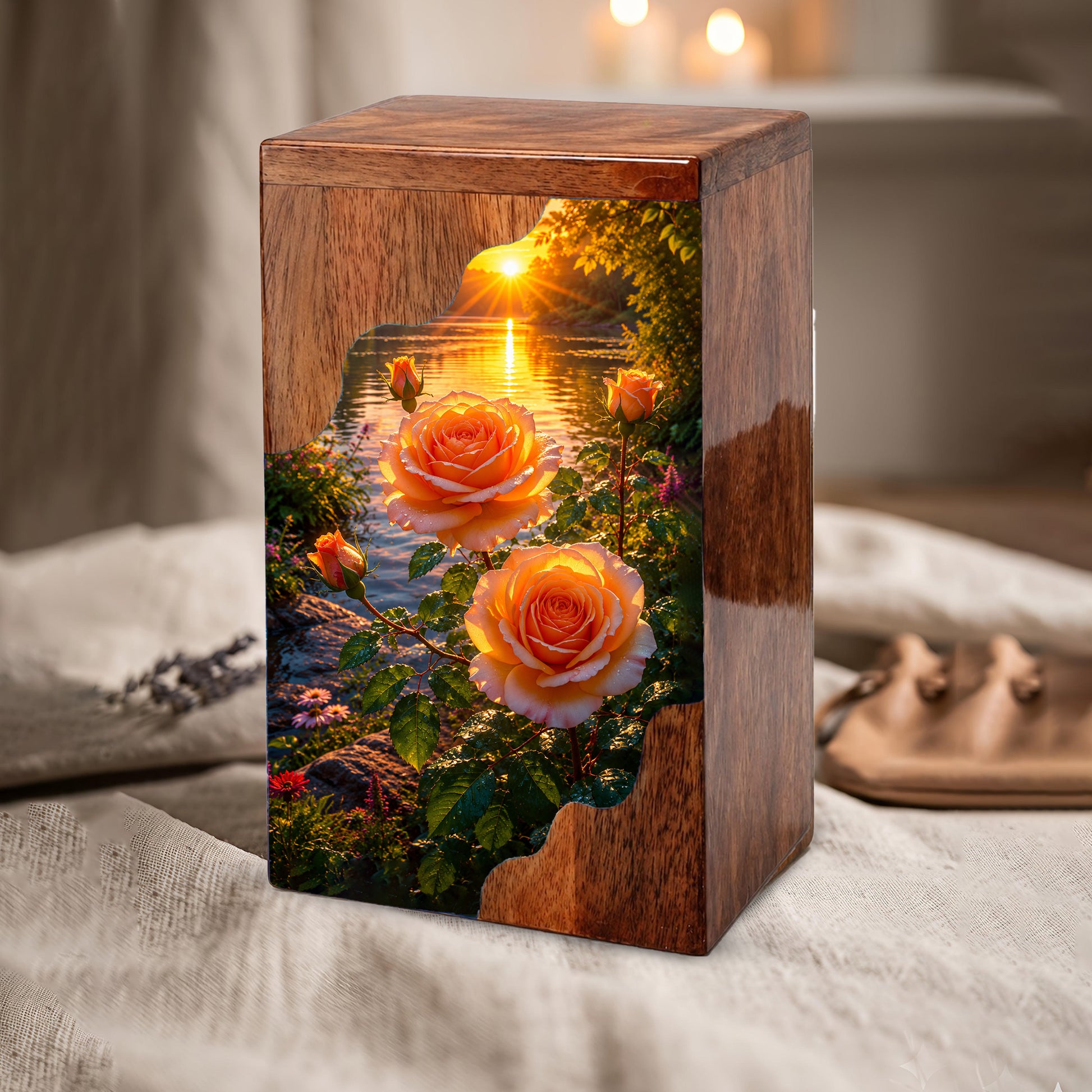 Rose Wooden Cremation Urn – Sunset Floral Memorial Urn for Human Ashes