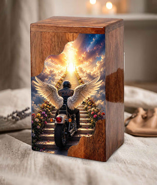 Motorcycle Wooden Cremation Urn for Dad – Handcrafted Memorial Urn with Angel Wings