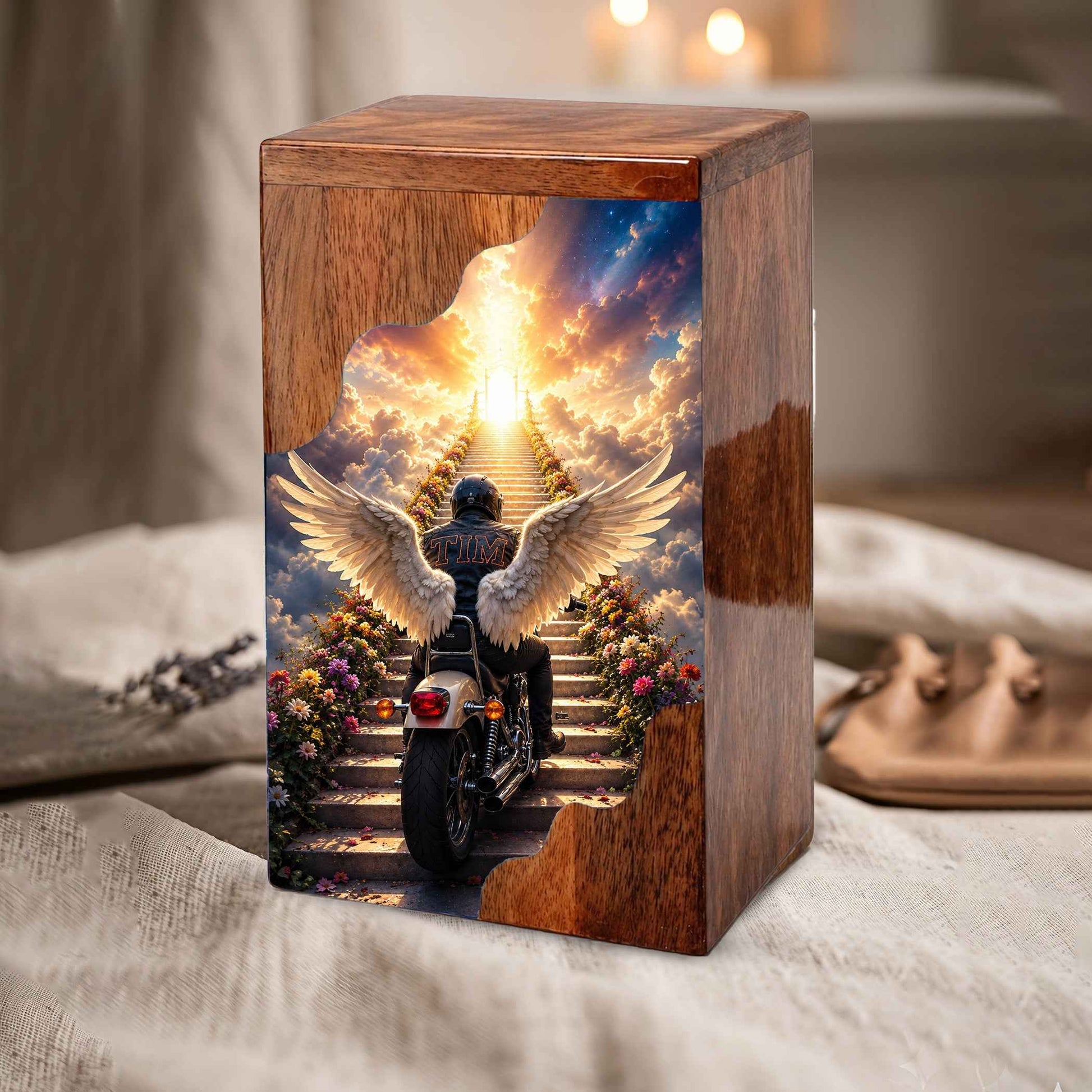 Motorcycle Wooden Cremation Urn for Dad – Handcrafted Memorial Urn with Angel Wings
