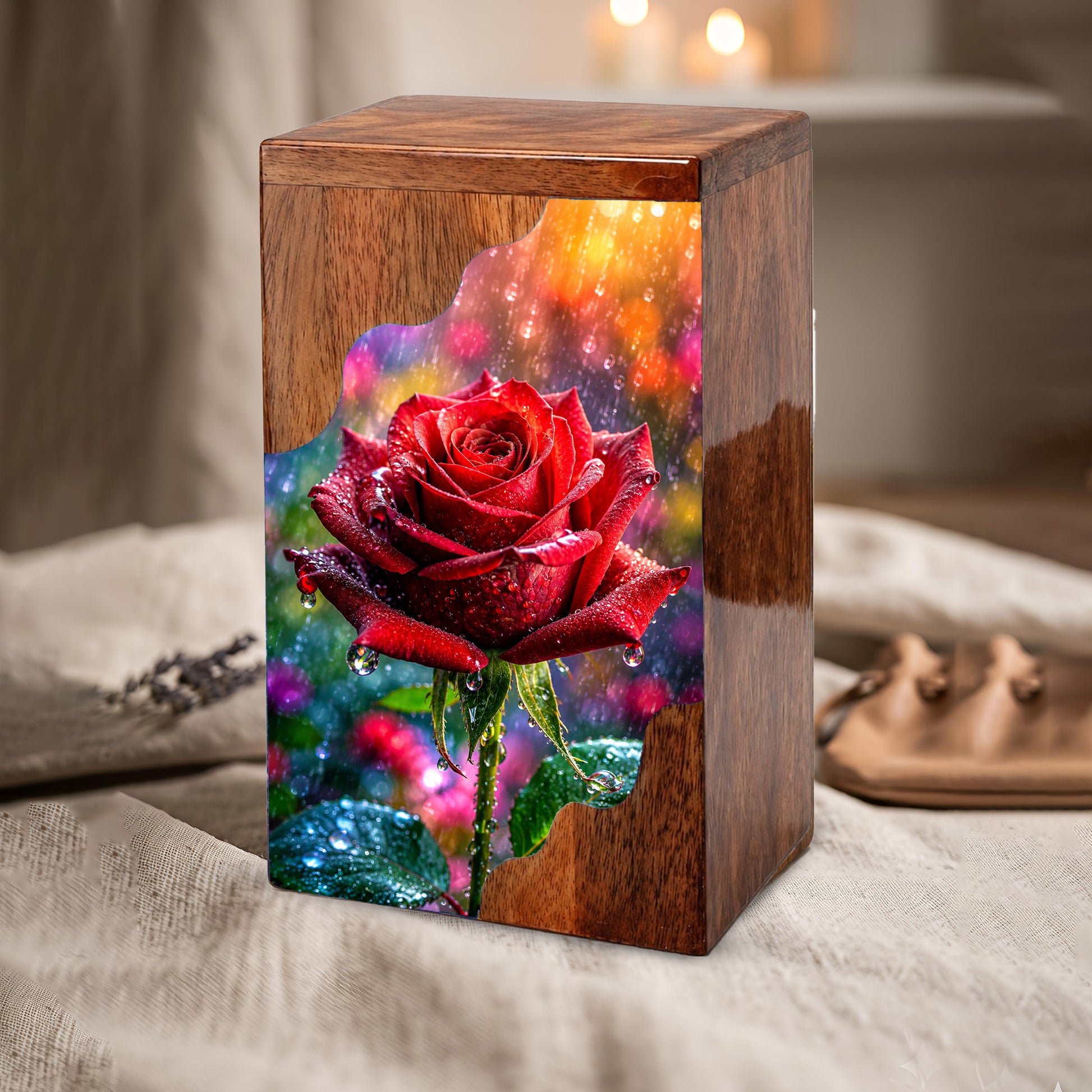 Red Rose Wooden Cremation Urn – Wooden Urn for Human Ashes