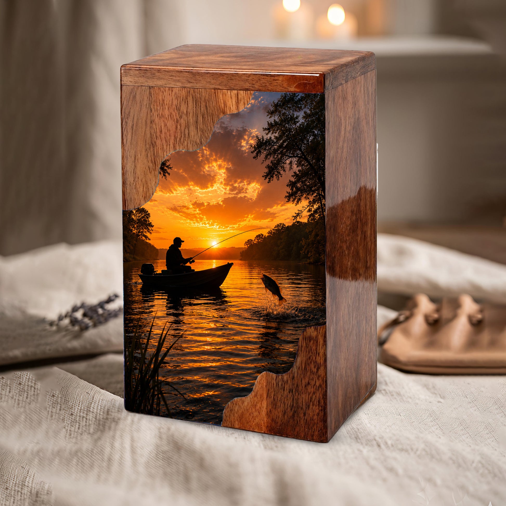 Fishing Urn for Dad | Handmade Wooden Cremation Urn | Gone Fishing Memorial Urn