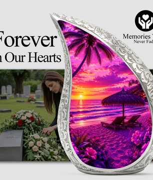 Beach Urns for Human Ashes – Ocean Sunset Beach Themed Cremation Urn, Palm Tree & Ocean Wave Memorial Urn for Mom, Women & Adults