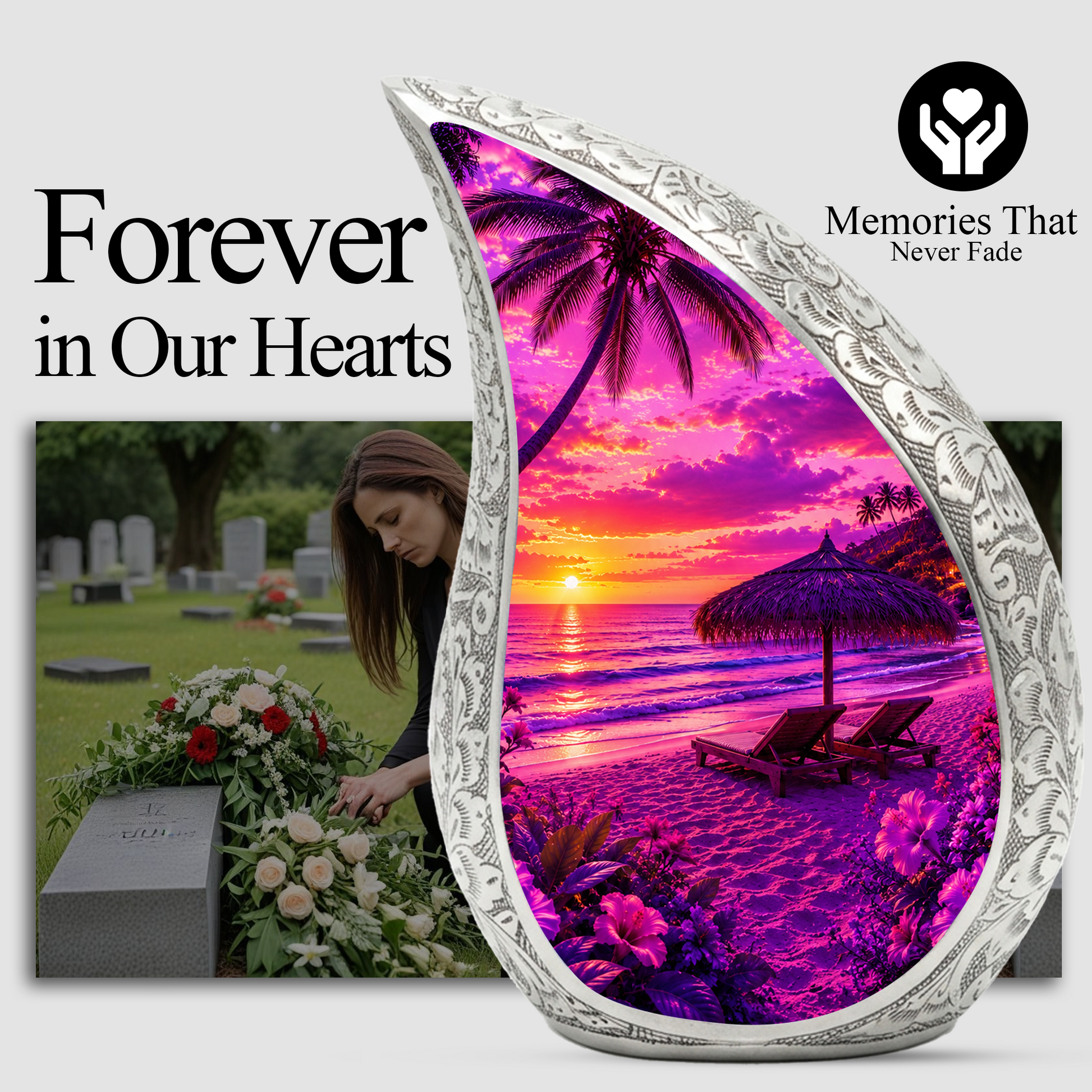 Beach Urns for Human Ashes – Ocean Sunset Beach Themed Cremation Urn, Palm Tree & Ocean Wave Memorial Urn for Mom, Women & Adults