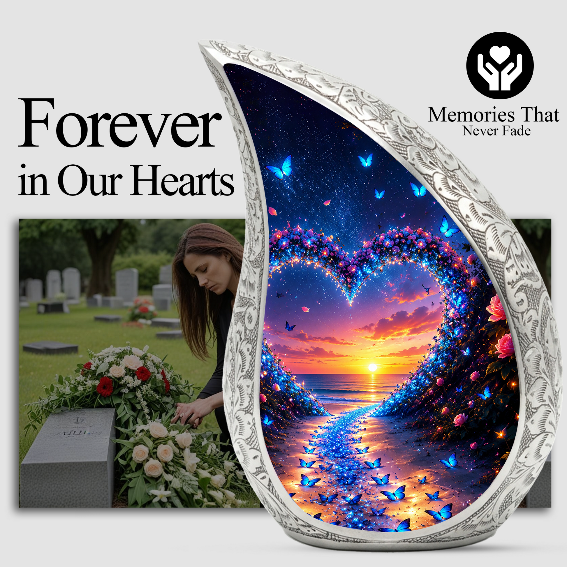 Butterfly Heart Urn for Human Ashes – Beautiful Butterfly Cremation Urn for Ashes, Heart-Shaped Memorial Urn with Butterflies