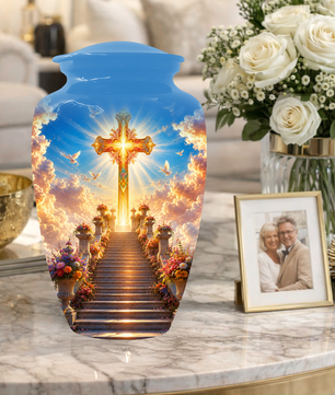 Christian Cross Cremation Urn for Ashes - Heavenly Stairway Memorial Urns