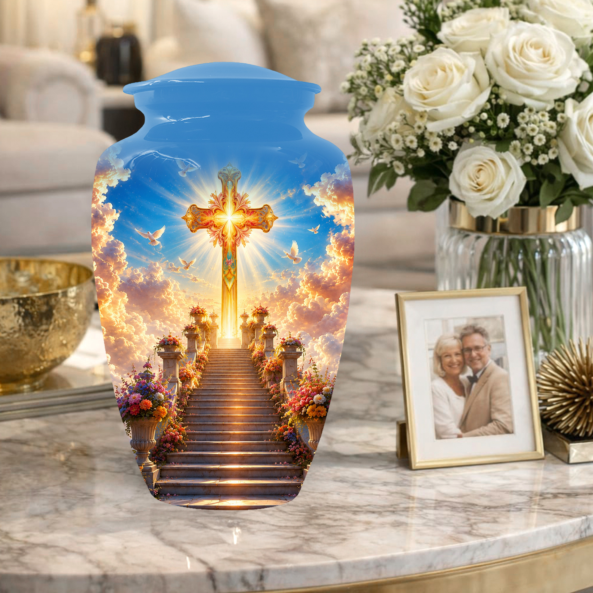 Christian Cross Cremation Urn for Ashes - Heavenly Stairway Memorial Urns