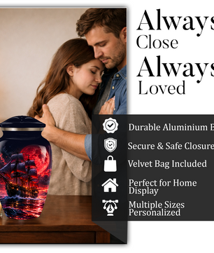 Personalized Adult Cremation Urn for Ashes, Custom Pirate Ship Red Moon Memorial Urn, Nautical Cremation Urn