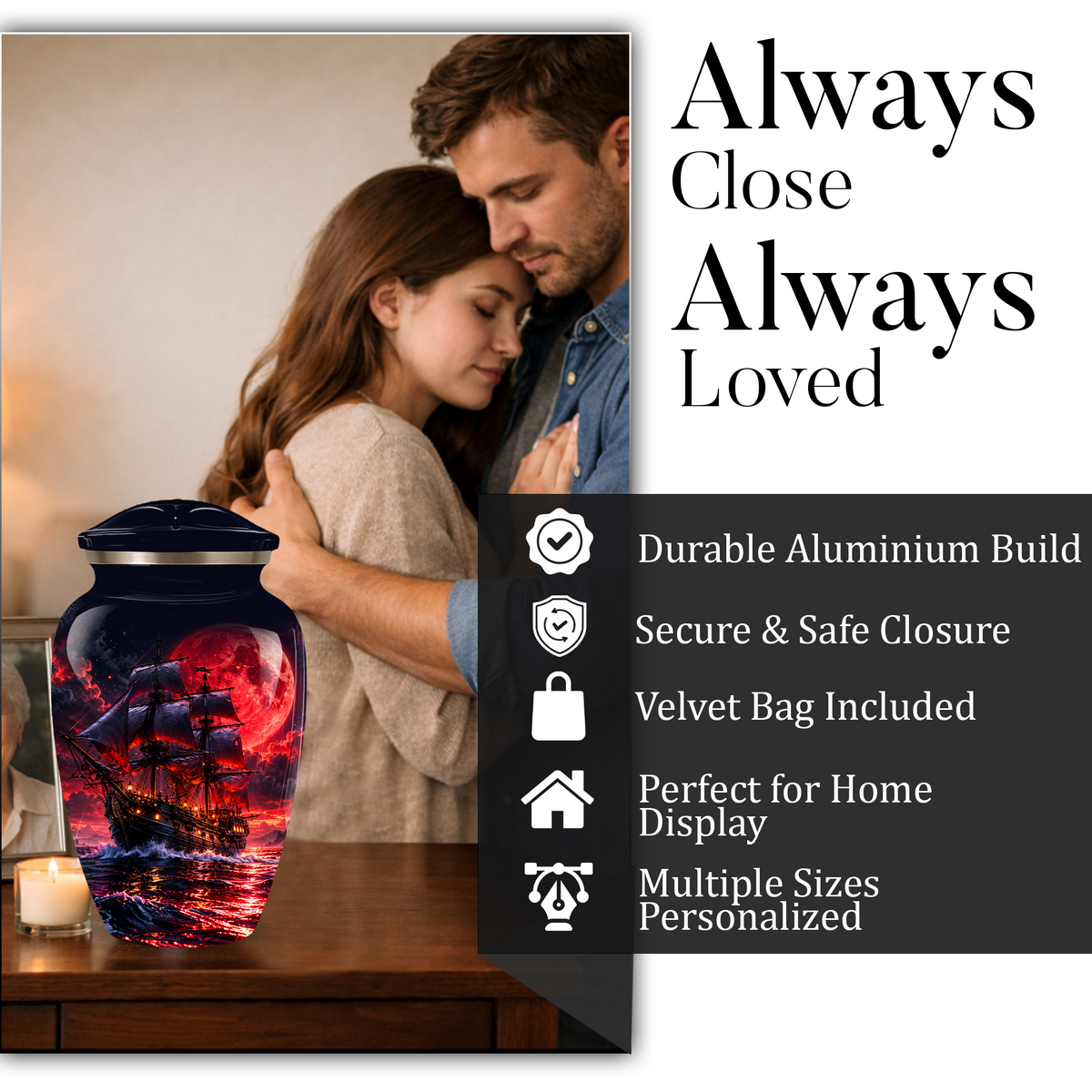 Personalized Adult Cremation Urn for Ashes, Custom Pirate Ship Red Moon Memorial Urn, Nautical Cremation Urn