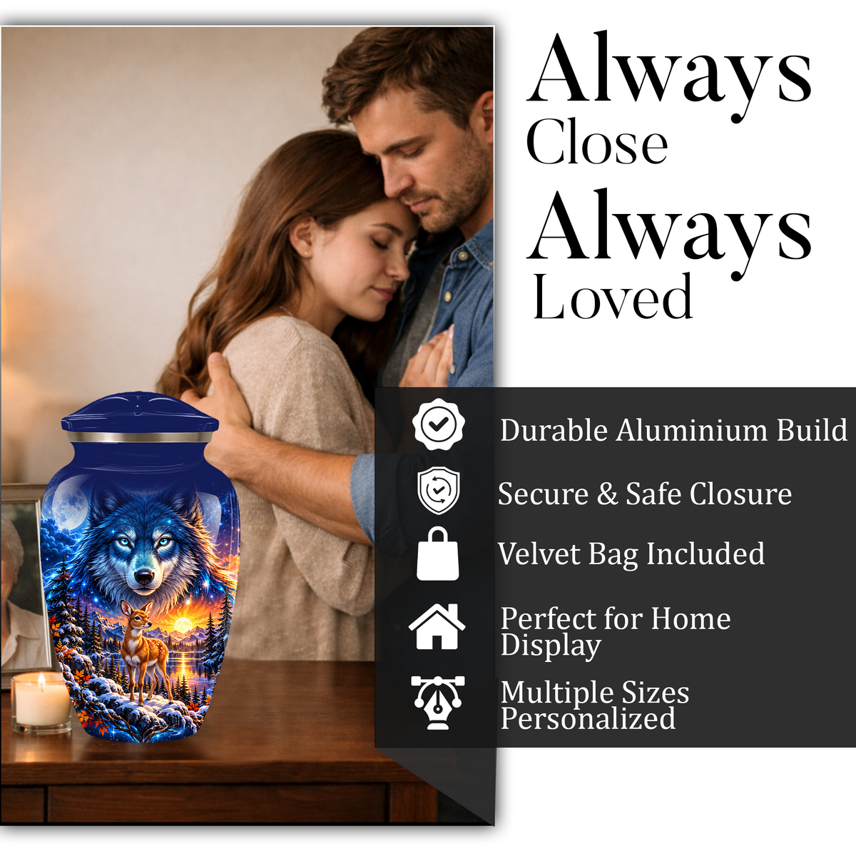 Personalized Wolf and Deer Adult Cremation Urn for Ashes, Wildlife Memorial Urn