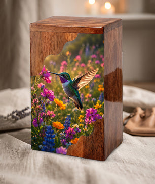 Green Hummingbird Wooden Cremation Urn – Wildflower Memorial Wooden Urn for Human Ashes