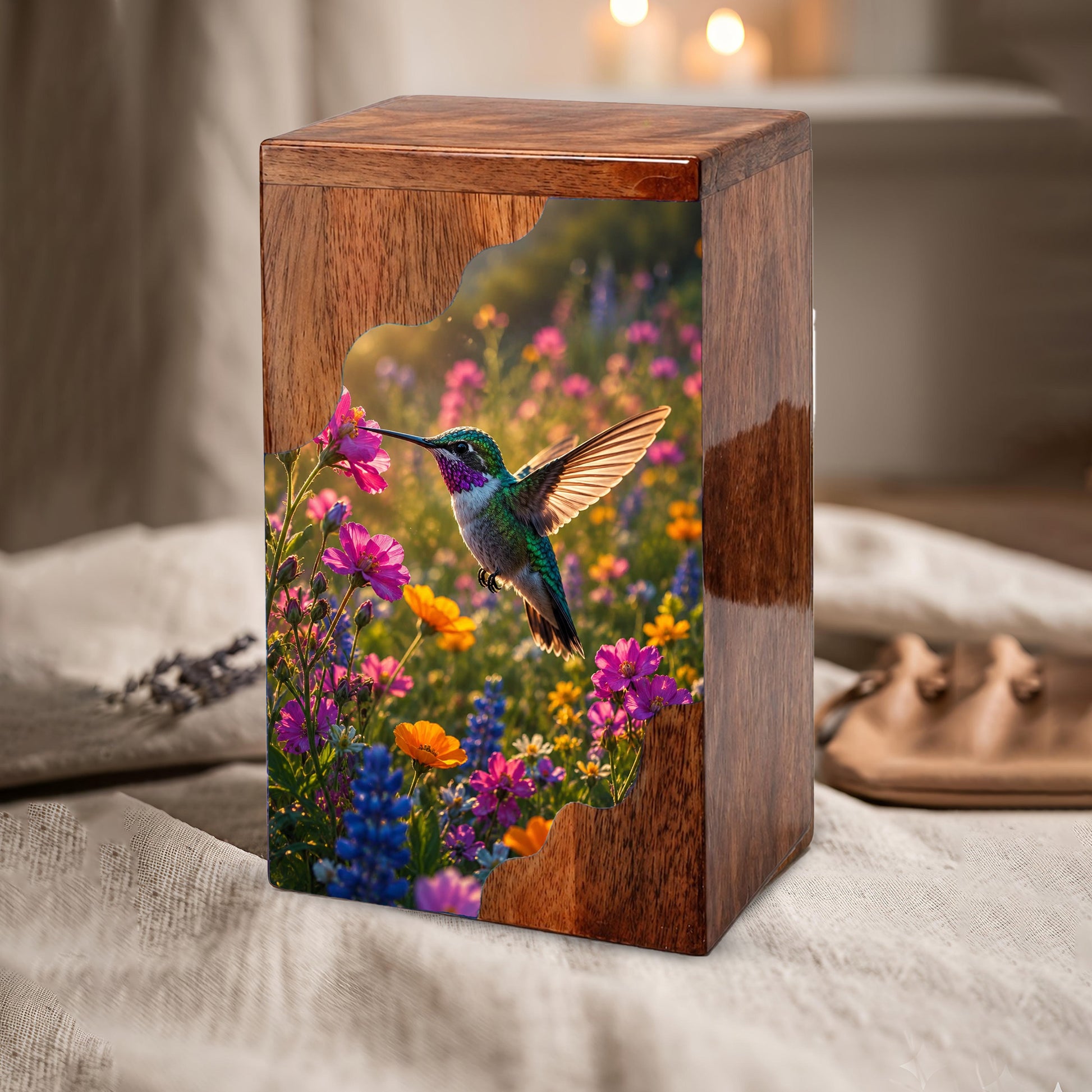 Green Hummingbird Wooden Cremation Urn – Wildflower Memorial Wooden Urn for Human Ashes
