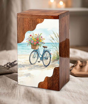 Wooden Cremation Urn – Coastal Bicycle Memorial Urn | Beach Memory Wooden Urn for Ashes