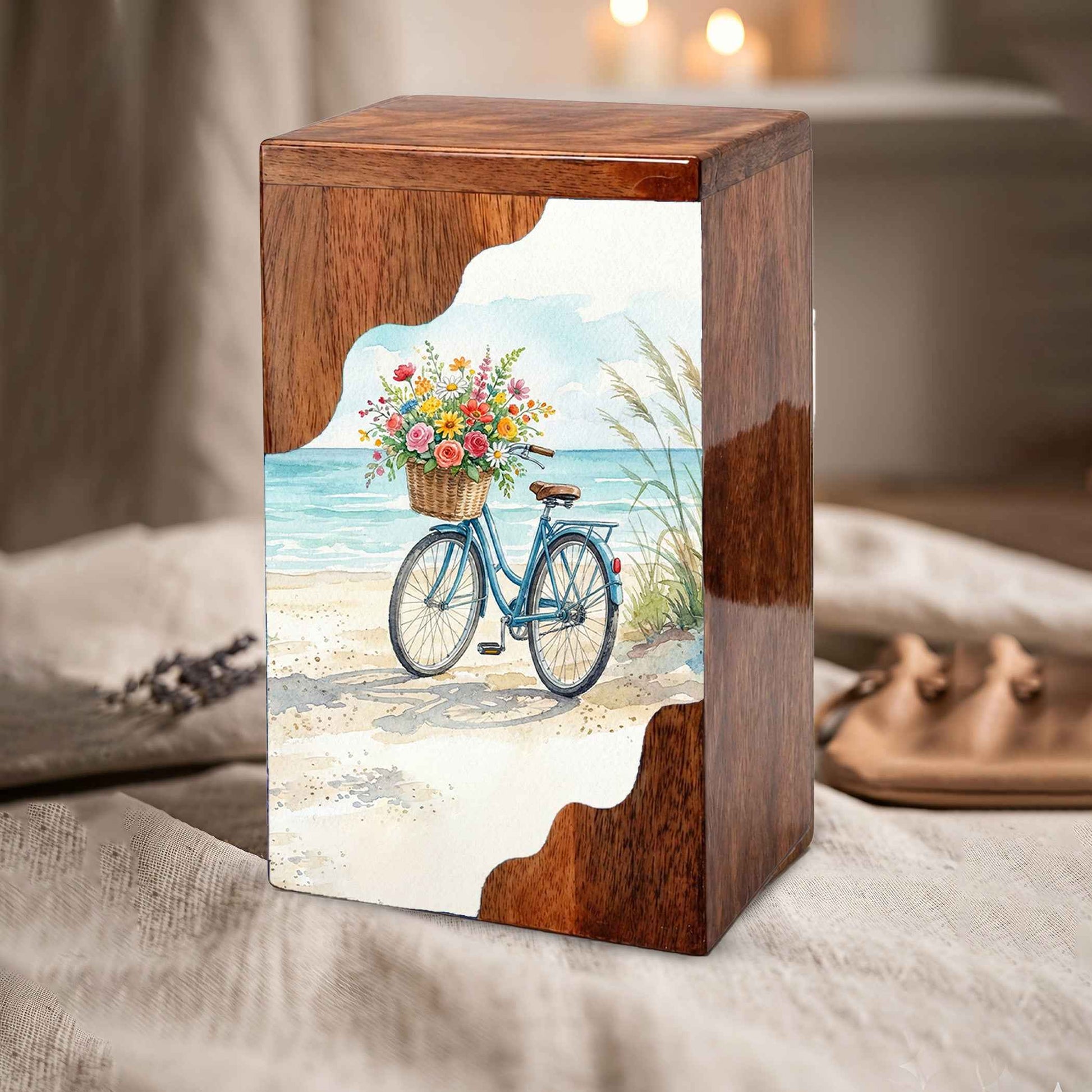 Wooden Cremation Urn – Coastal Bicycle Memorial Urn | Beach Memory Wooden Urn for Ashes
