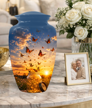 Orange Butterfly Memorial Urn For Mom - Sunset Memorial Keepsake Urn For Ashes