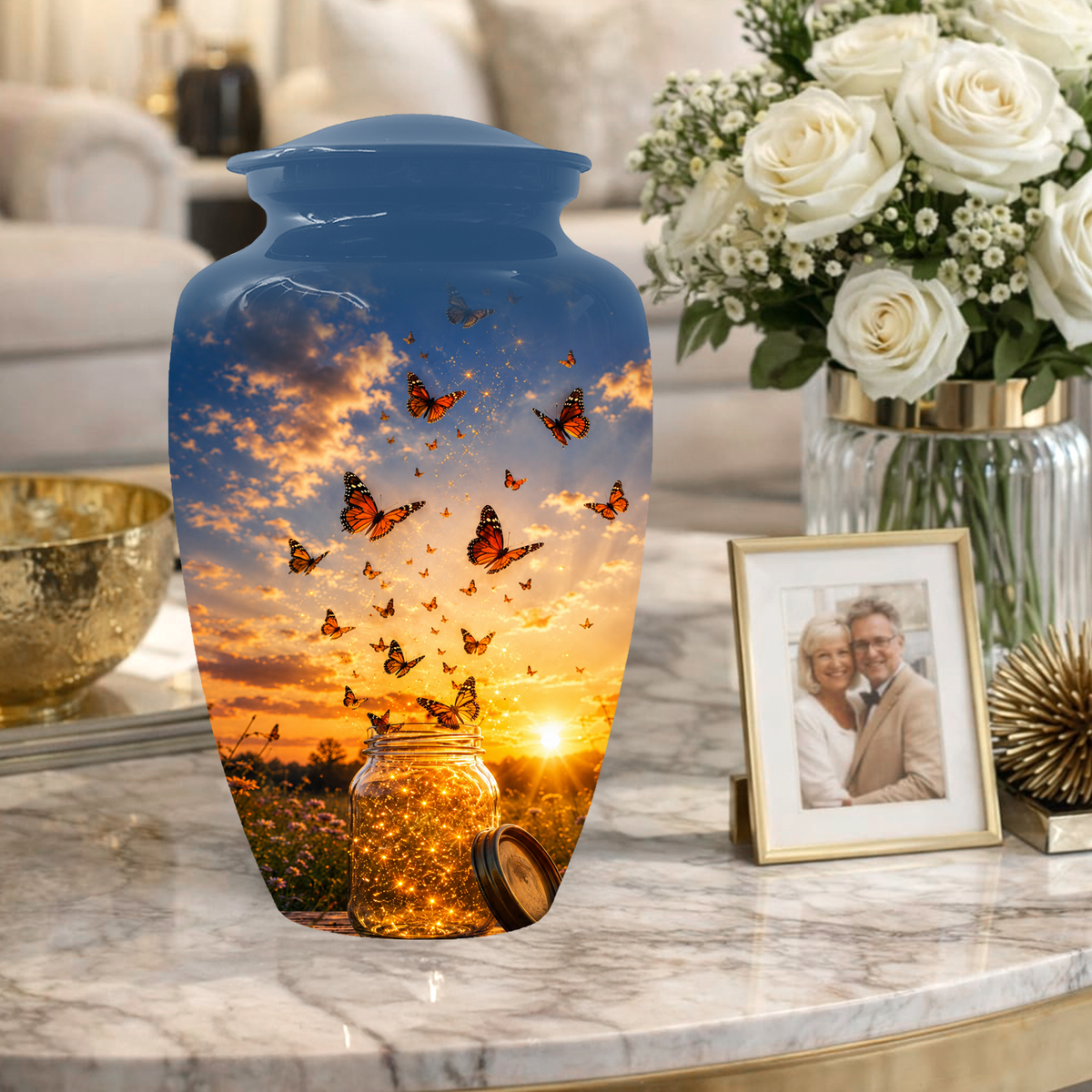 Orange Butterfly Memorial Urn For Mom - Sunset Memorial Keepsake Urn For Ashes