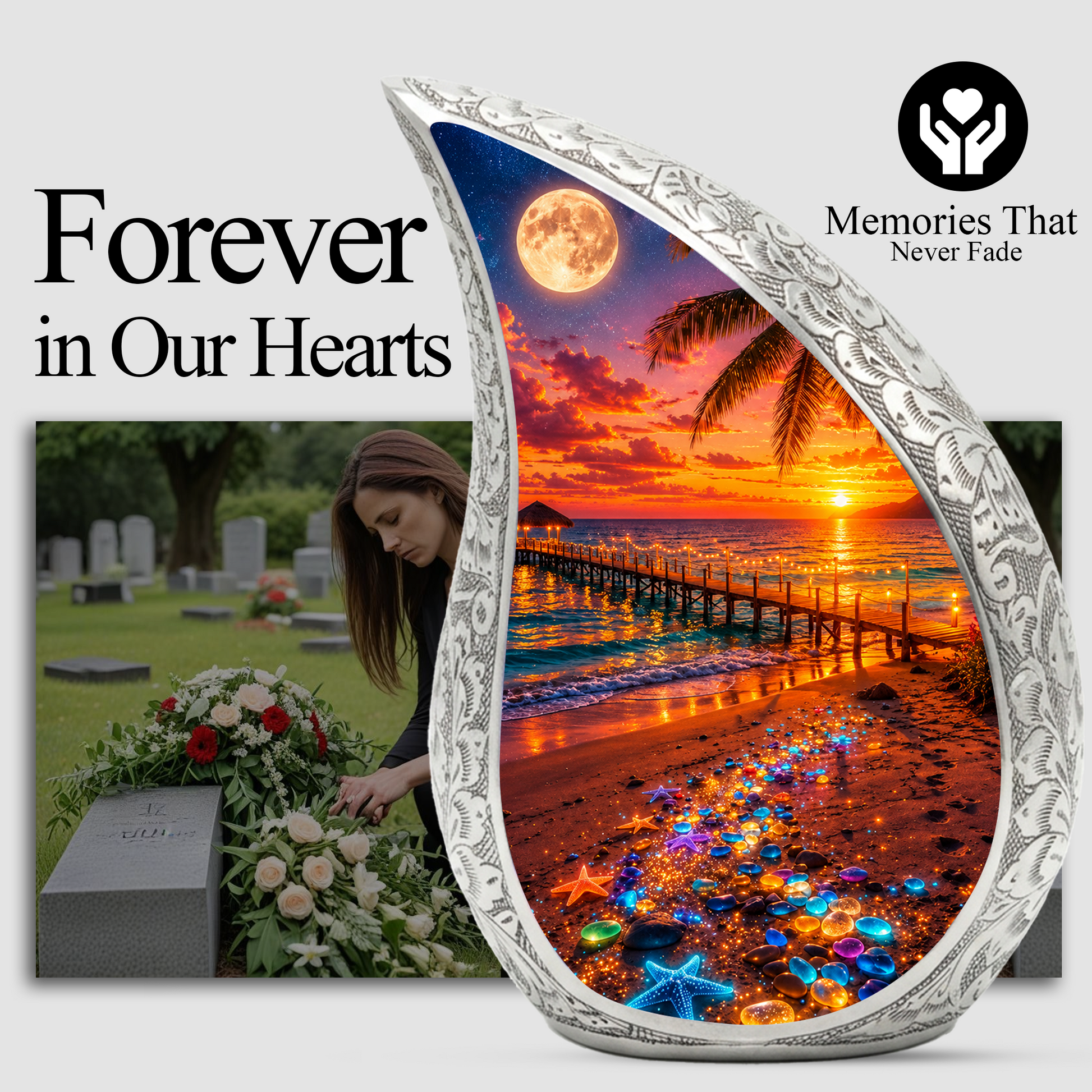Moonlit Beach Memorial Urn for Mom – Personalized Cremation Funeral Urn for Human Ashes | Keepsake Urn for Women