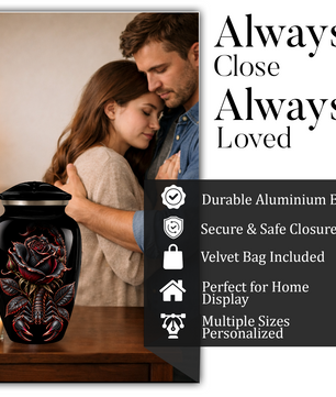 Black Rose & Scorpion Cremation Urn – Gothic Adult Memorial Urn for Ashes