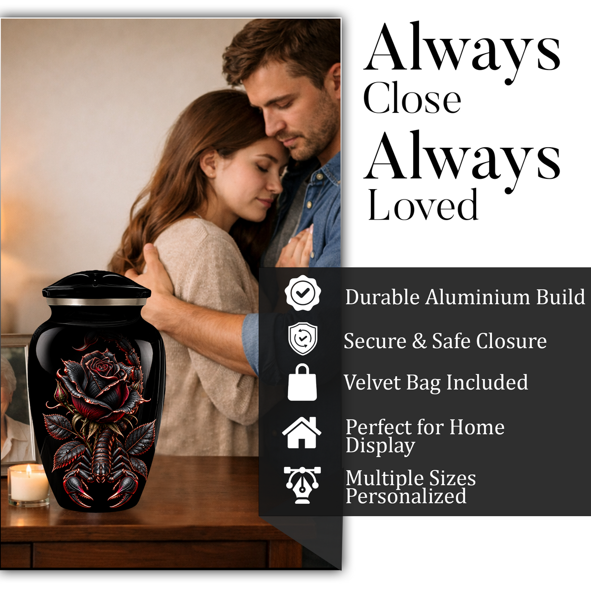 Black Rose & Scorpion Cremation Urn – Gothic Adult Memorial Urn for Ashes