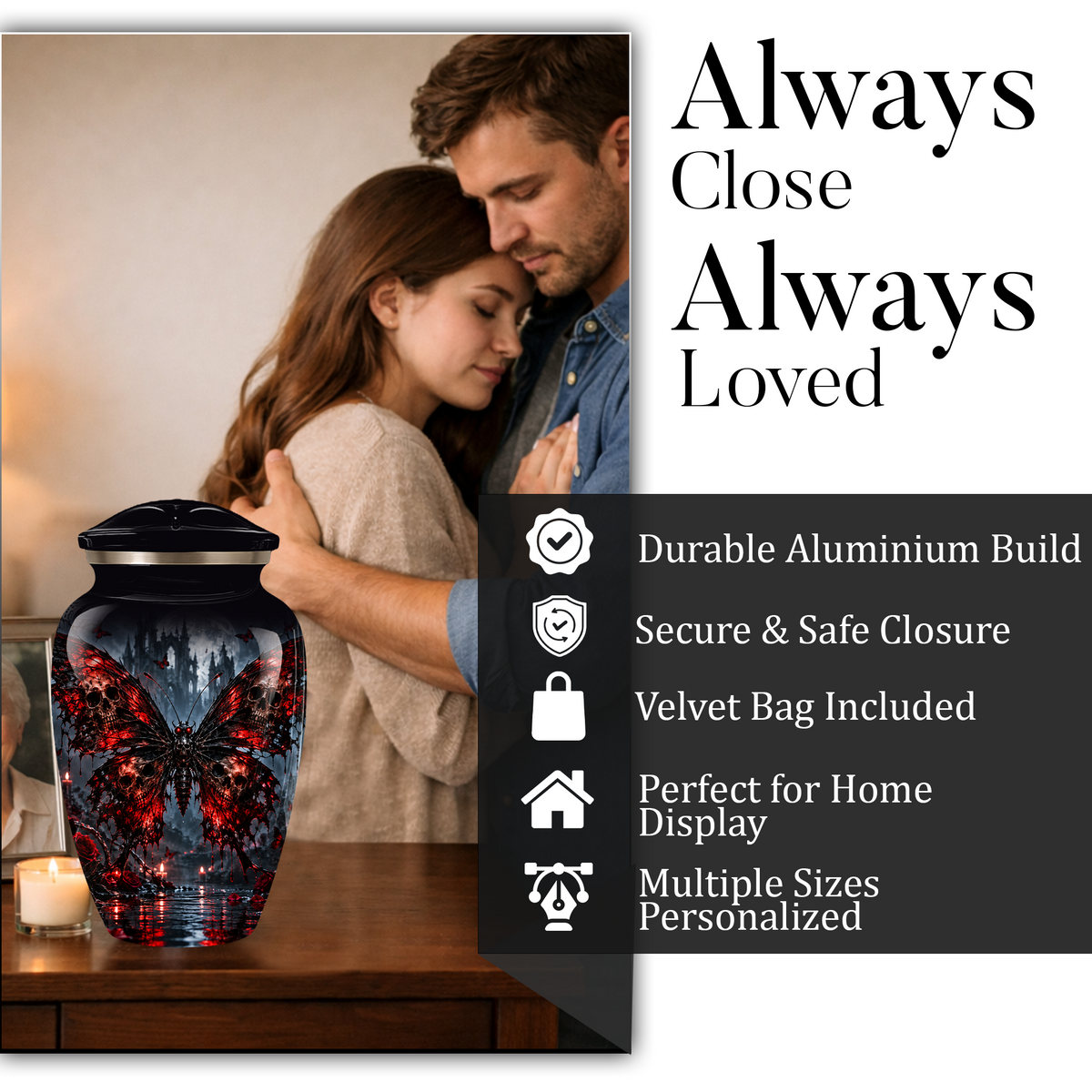 Gothic Butterfly Adult Urn for Ashes – Red & Black Skull Butterfly Cremation Urn for Adults