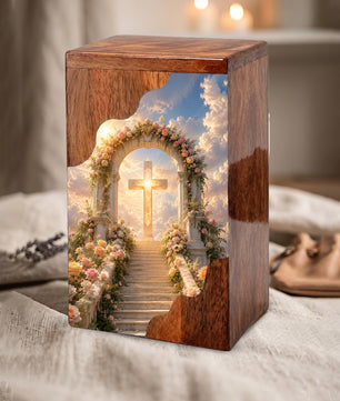 Cross Wooden Cremation Urn – Christian Memorial Urn for Human Ashes