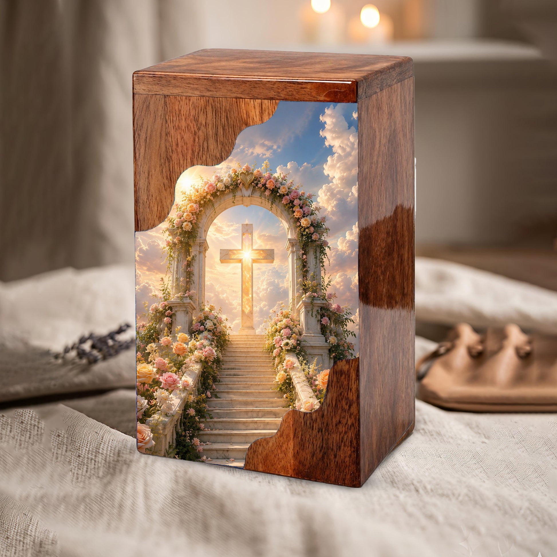 Cross Wooden Cremation Urn – Christian Memorial Urn for Human Ashes