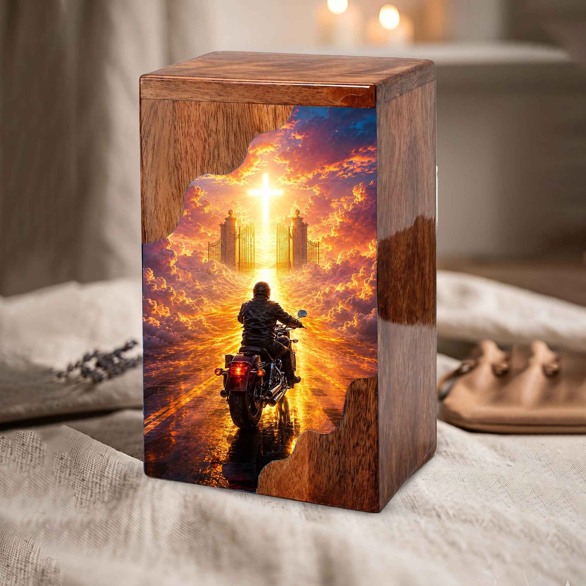 Motorcycle Wooden Cremation Urn for Dad | Handmade Memorial Urn with Heavenly Road
