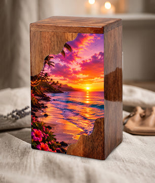 Sunset Beach Wooden Cremation Urn – Coastal Memorial Urn for Human Ashes