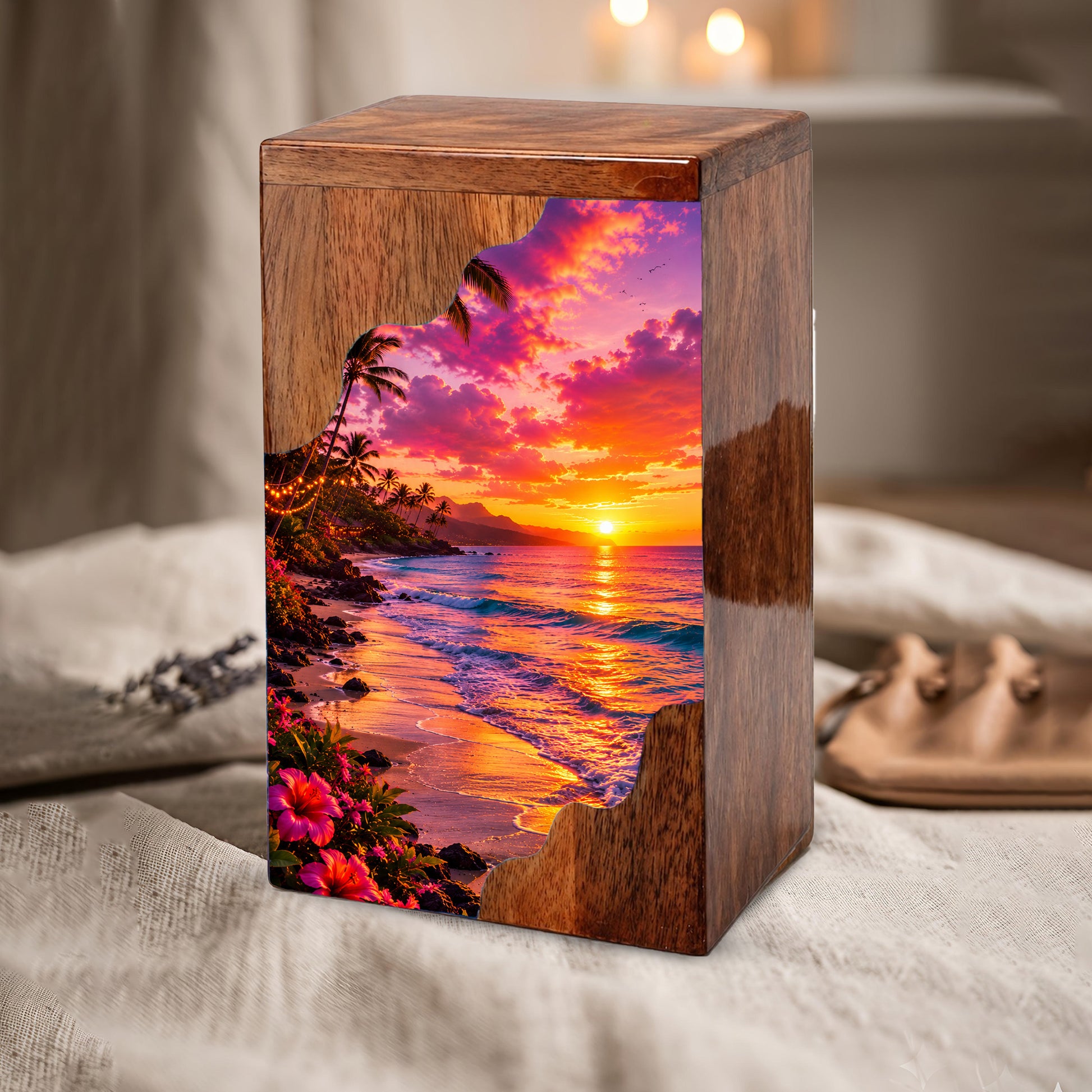Sunset Beach Wooden Cremation Urn – Coastal Memorial Urn for Human Ashes