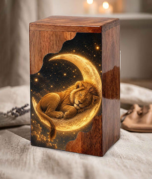 Lion Wooden Cremation Urn for Dad, Sleeping Lion Moon Urn