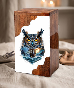 Owl Wooden Cremation Urn – Moonlit Owl Memorial Urn with Ocean Ship Artwork