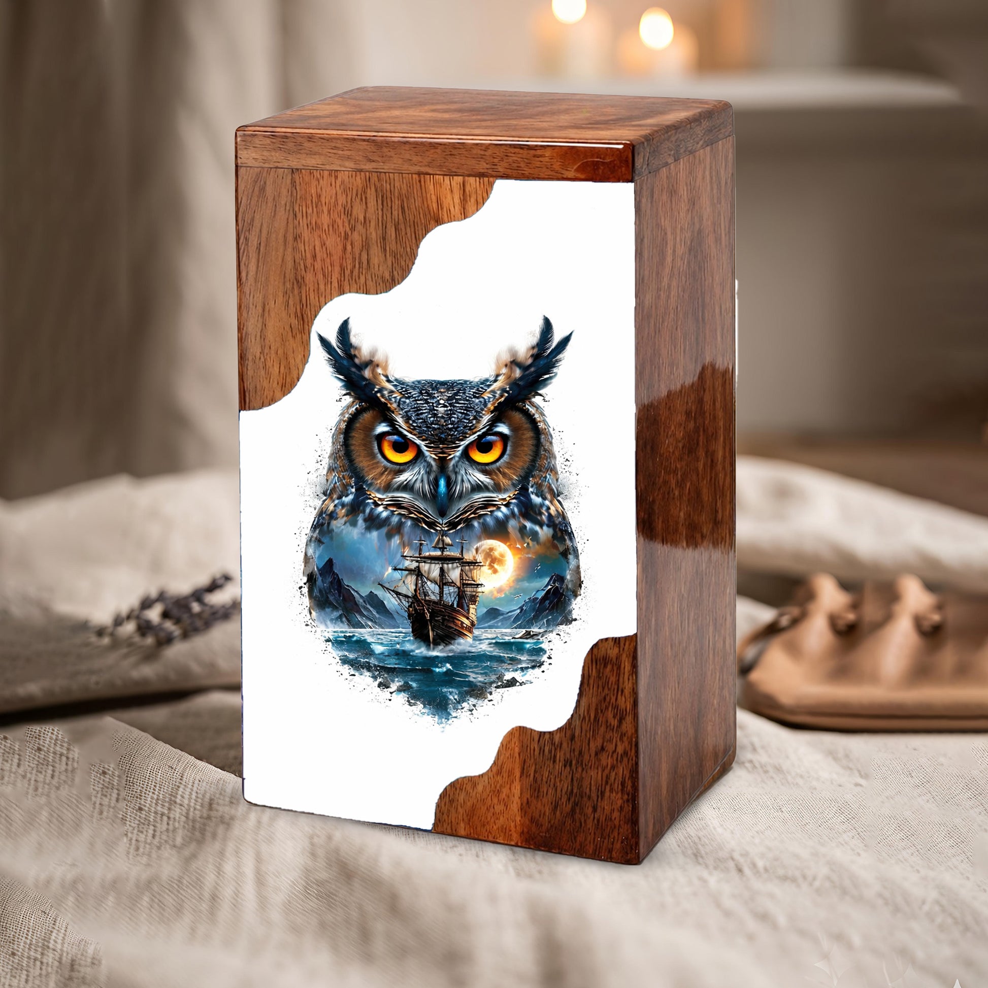 Owl Wooden Cremation Urn – Moonlit Owl Memorial Urn with Ocean Ship Artwork