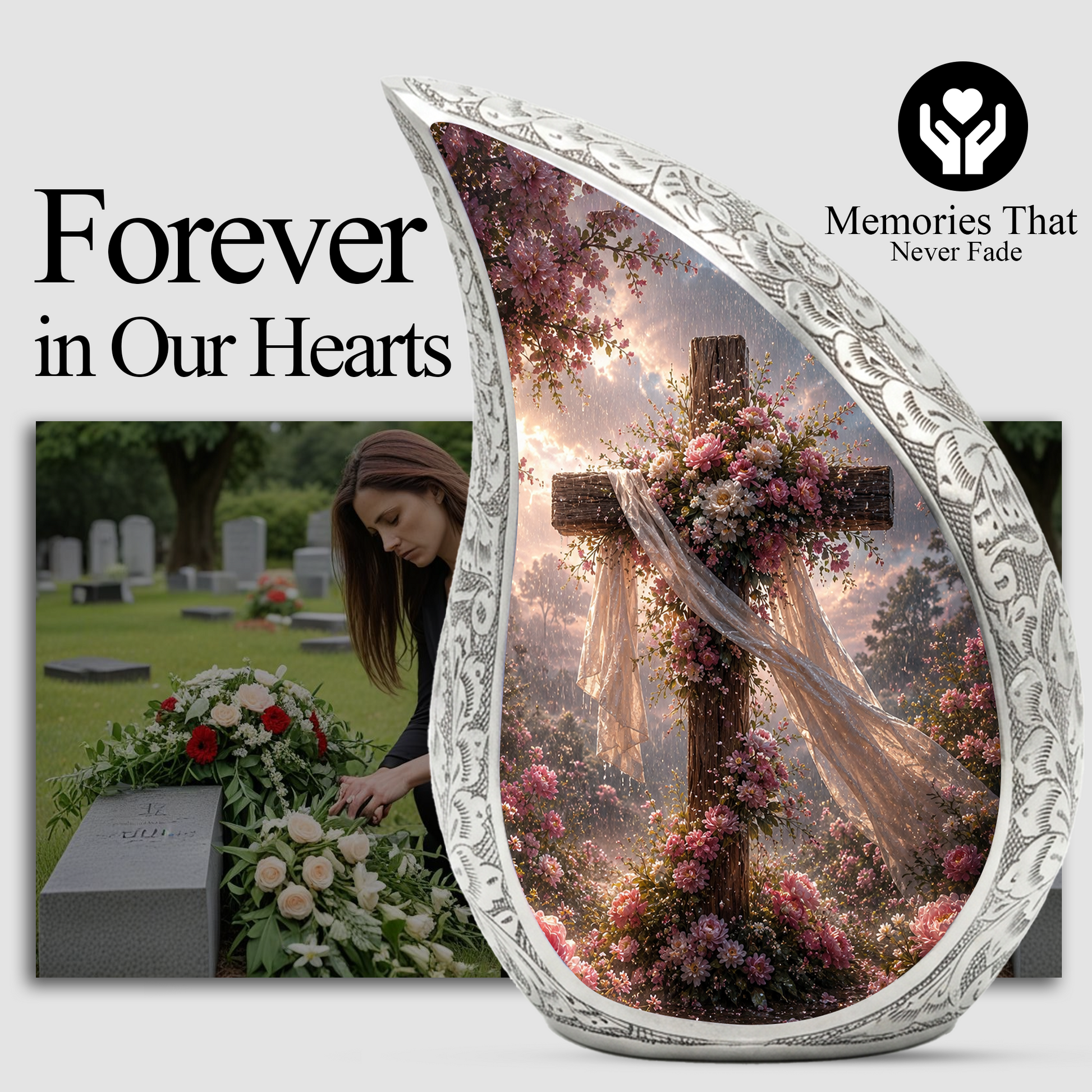 Christian Cross Adult Urn for Ashes | Floral Cross Adult Cremation Urn for Human Ashes